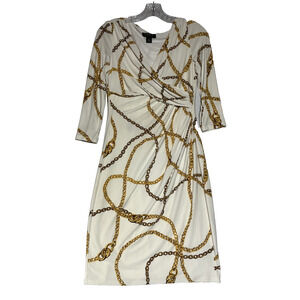 Lauren Ralph Lauren Ruched Sheath Dress 6 Ivory Gold Chain Link Print Old Money